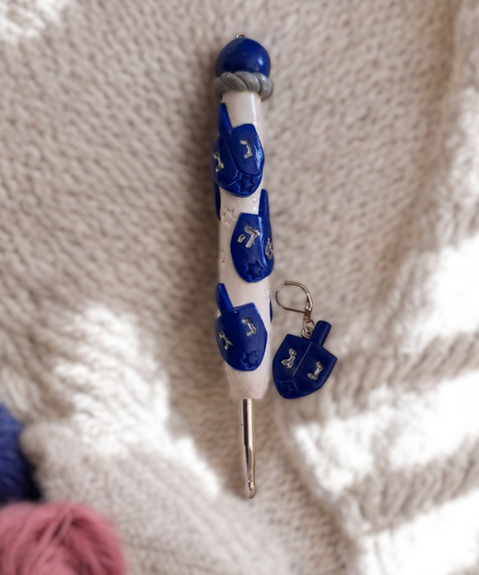 Polymer clay cute blue white hannukah dreidel holiday crochet hook