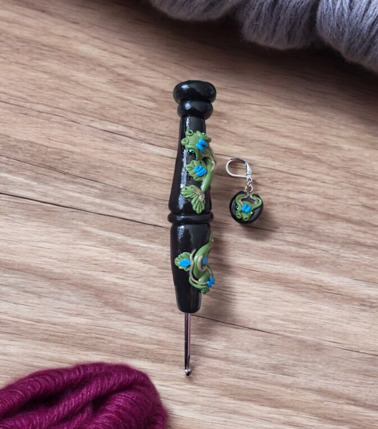 Polymer clay cute green black leafy dragon crochet hook