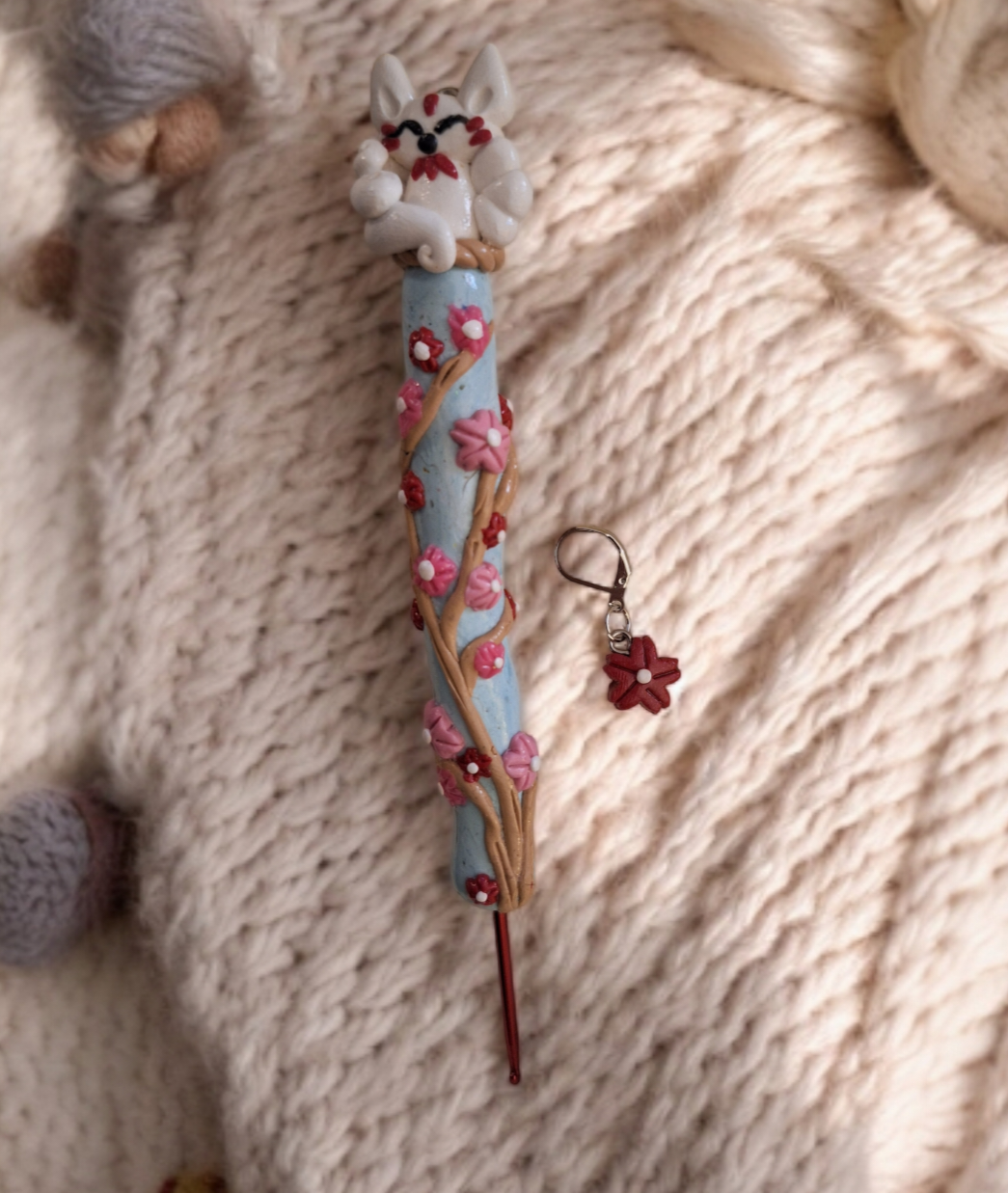 Polymer clay cute sakura cherry blossom kitsune fox crochet hook