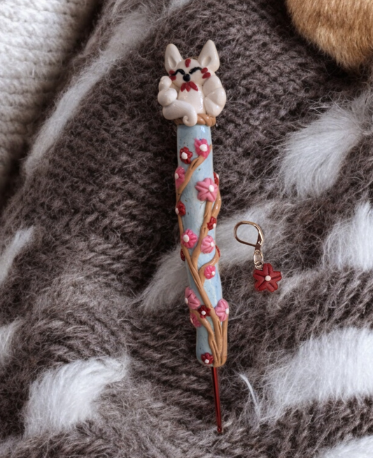 Polymer clay cute sakura cherry blossom kitsune fox crochet hook
