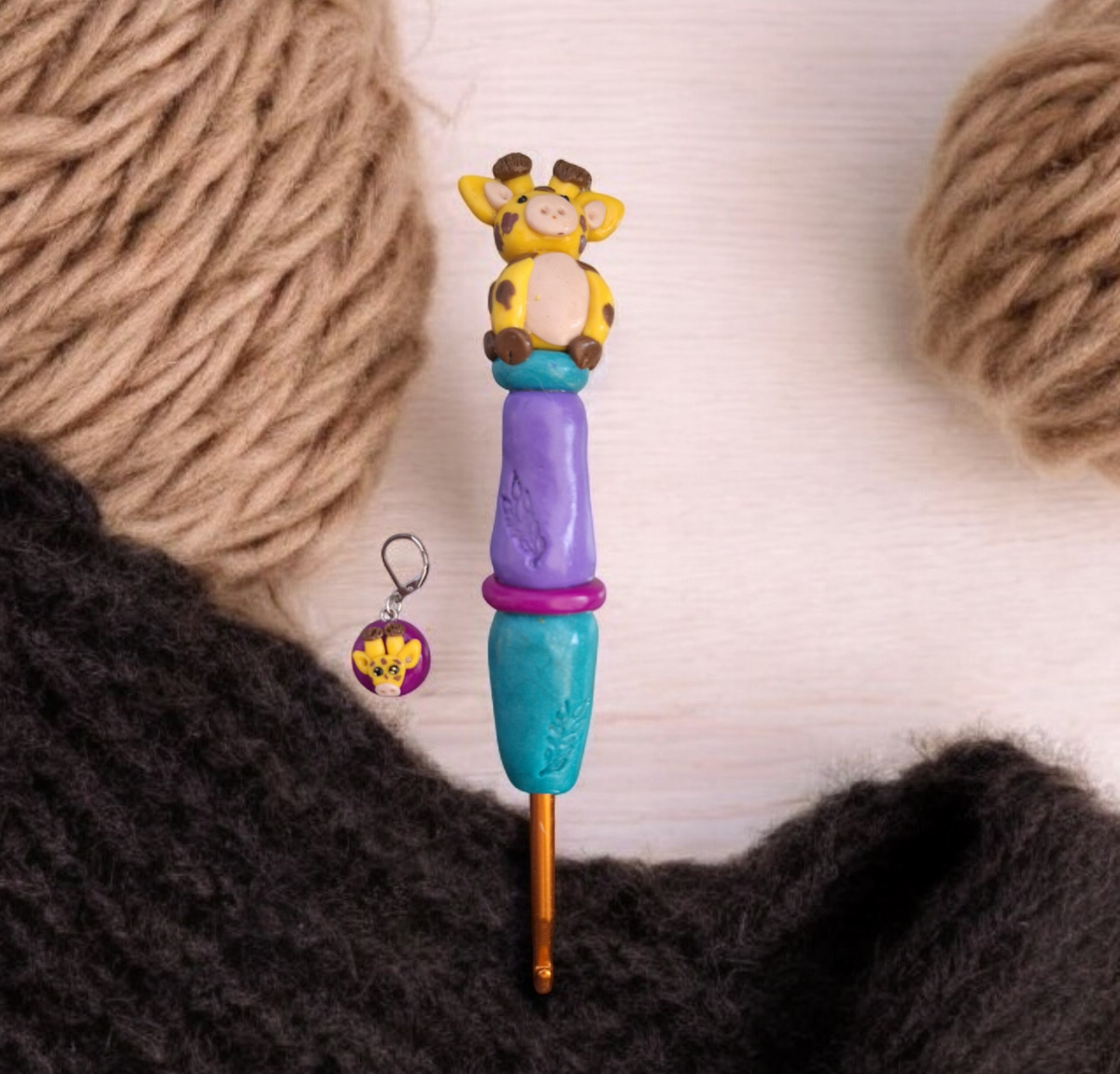 Polymer clay cute giraffe color block crochet hook
