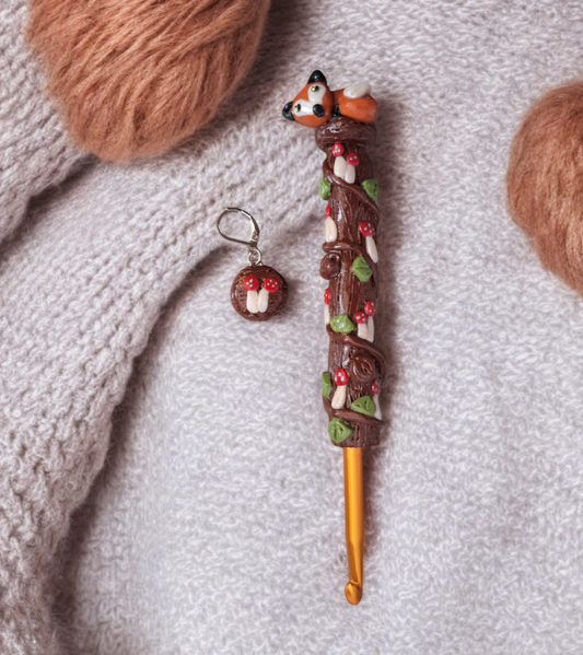 Polymer clay cute mushroom forest fox crochet hook