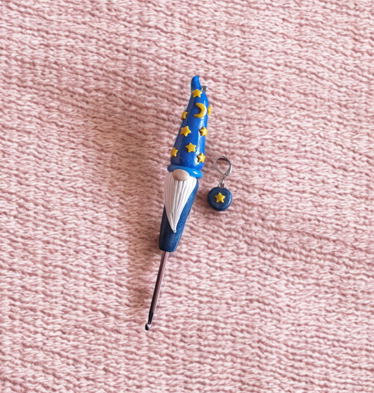 Polymer clay wizard gnome crochet hook