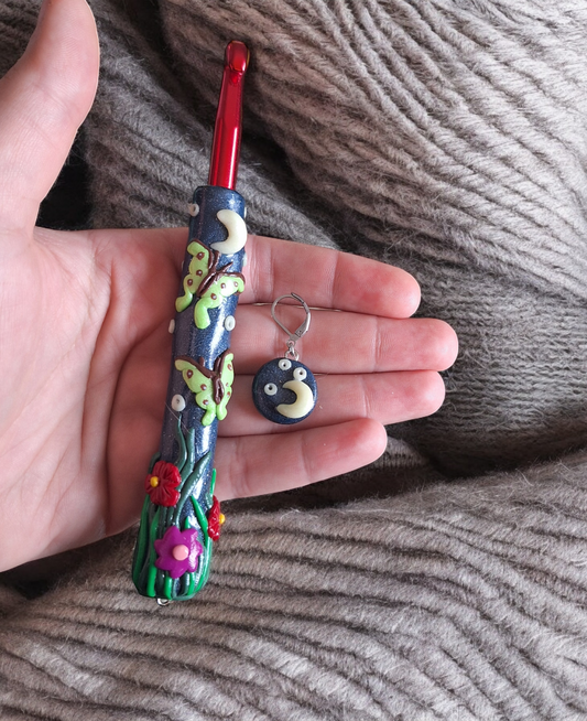 Polymer clay glow in the dark luna moth garden crochet hook
