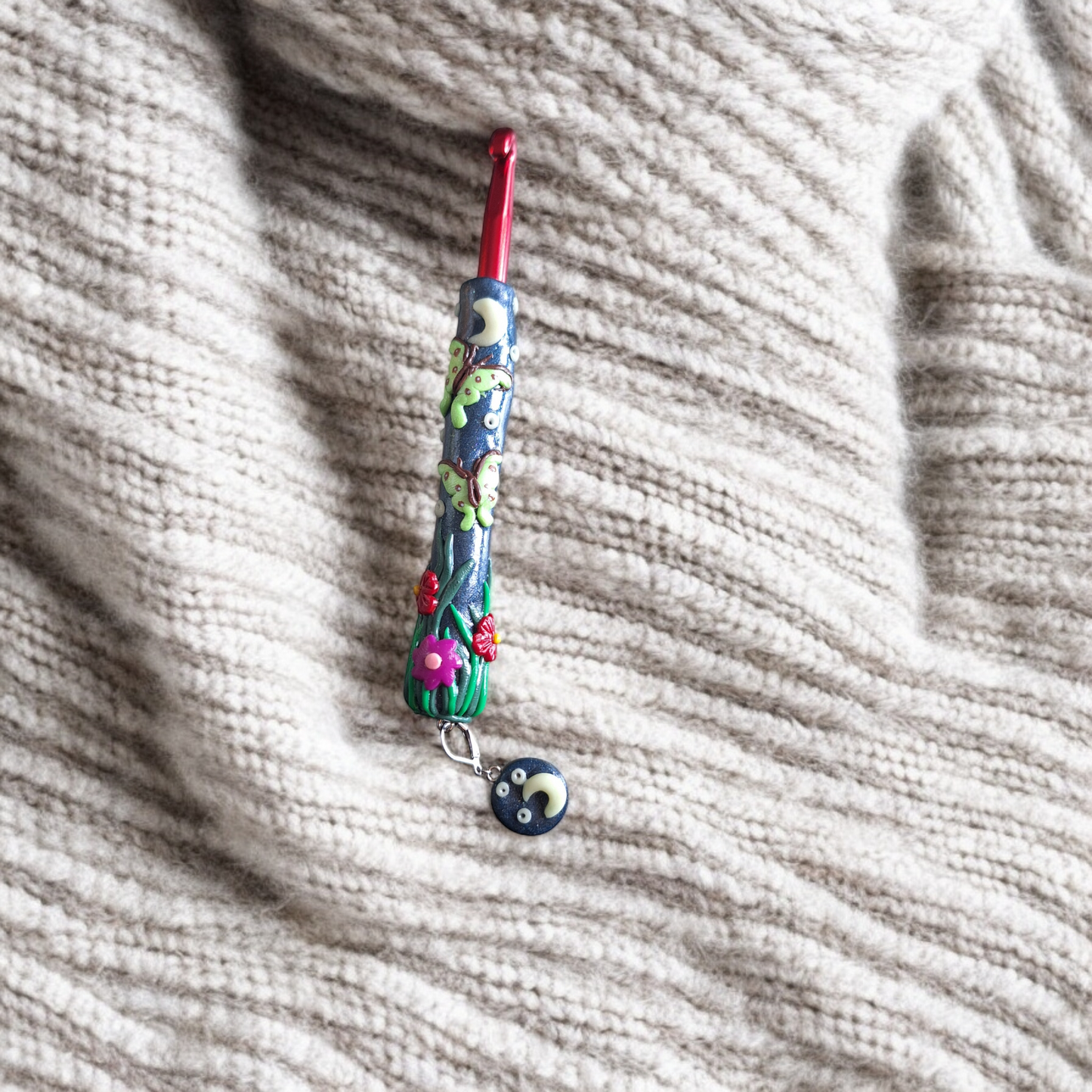 Polymer clay glow in the dark luna moth garden crochet hook