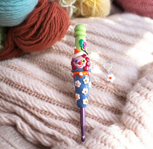 Polymer clay daisy clown crochet hook