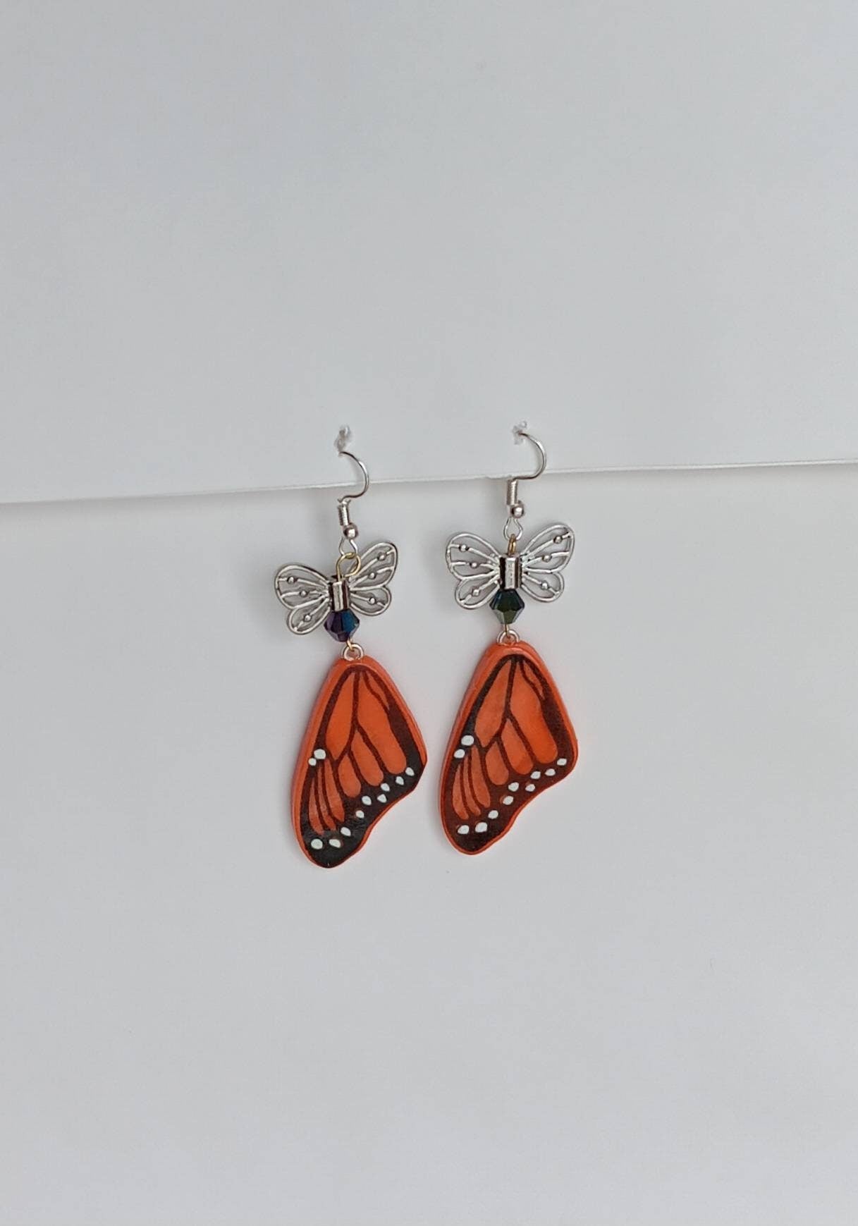 Kawaii butterfly earrings / polymer clay orange monarch butterfly dangle earrings / clay butterfly wing jewelry / butterfly wing earrings