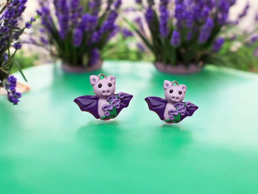 Kawaii floral lavender bat charm / polymer clay holiday charms / clay charm jewelry / bat charm stitch marker progress keeper