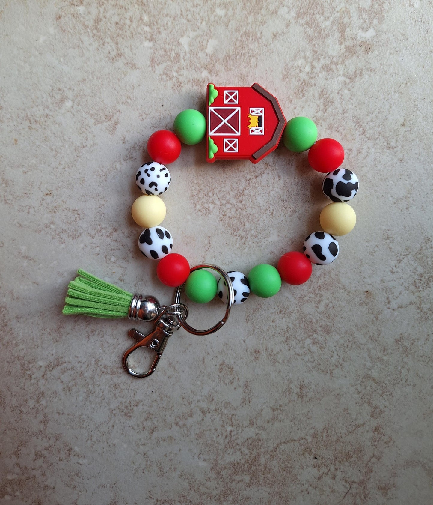 Silicone beaded wristlet / red barn cow farm farmer silicone beaded wristlet keychain / country western bag accessories key chain