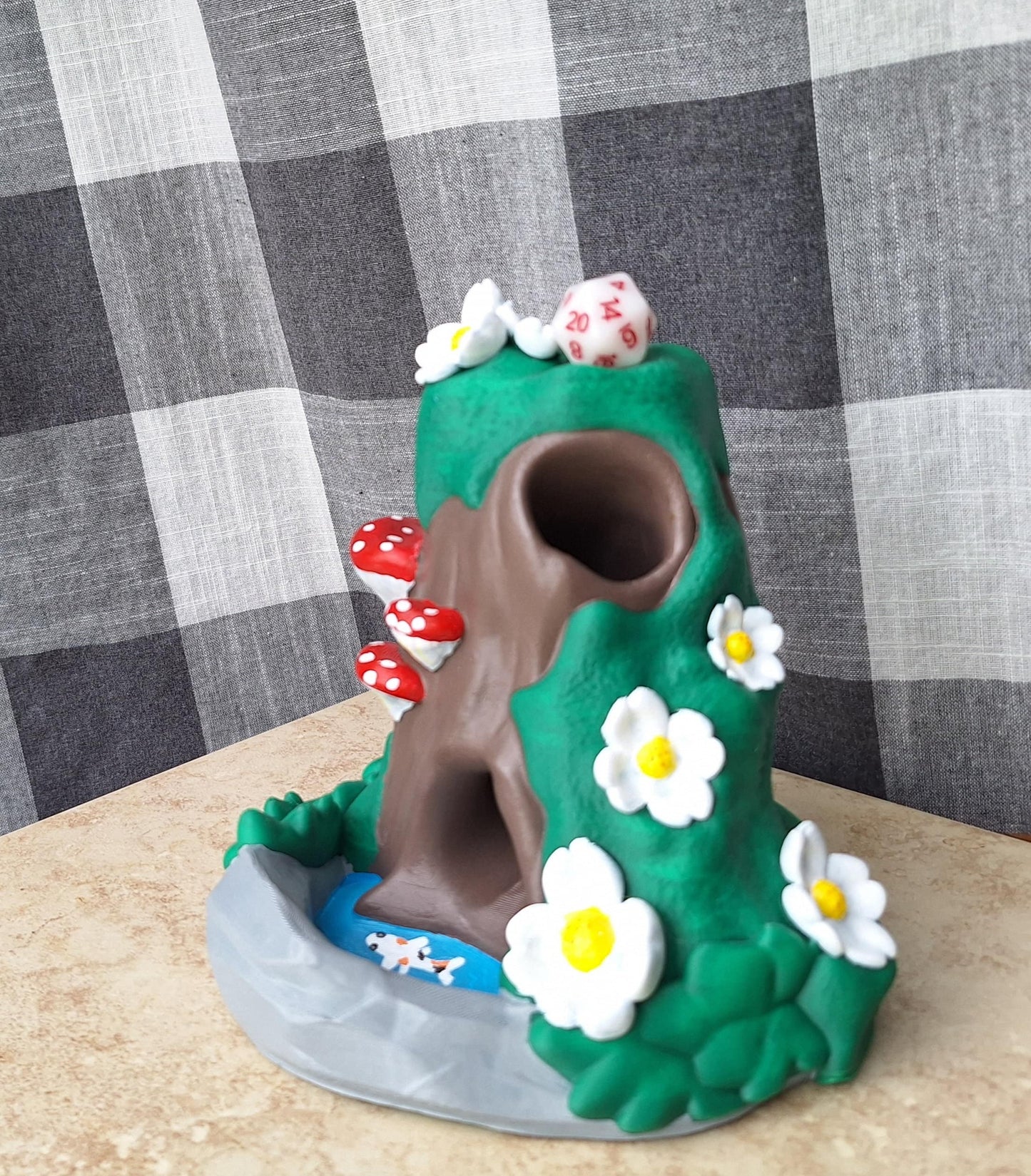 3D printed and painted flower tree stump dice tower / 3d toadstool mushroom dice tower / 3d printed d20 dice tower roller