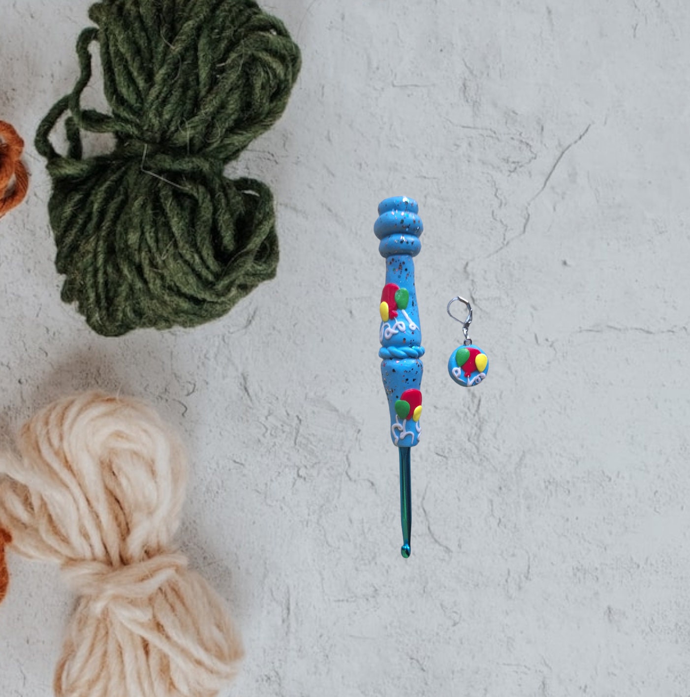 Polymer clay colorful balloons crochet hook with stitch marker