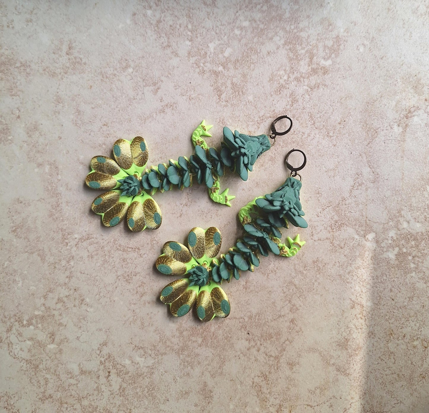 3D articulated green gold lucky clover dragon earrings / 3d printed earrings / dragon earrings / articulated 3d dragon jewelry