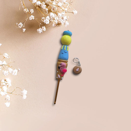 Polymer clay Beach scene flamingo crochet hook with stitch marker