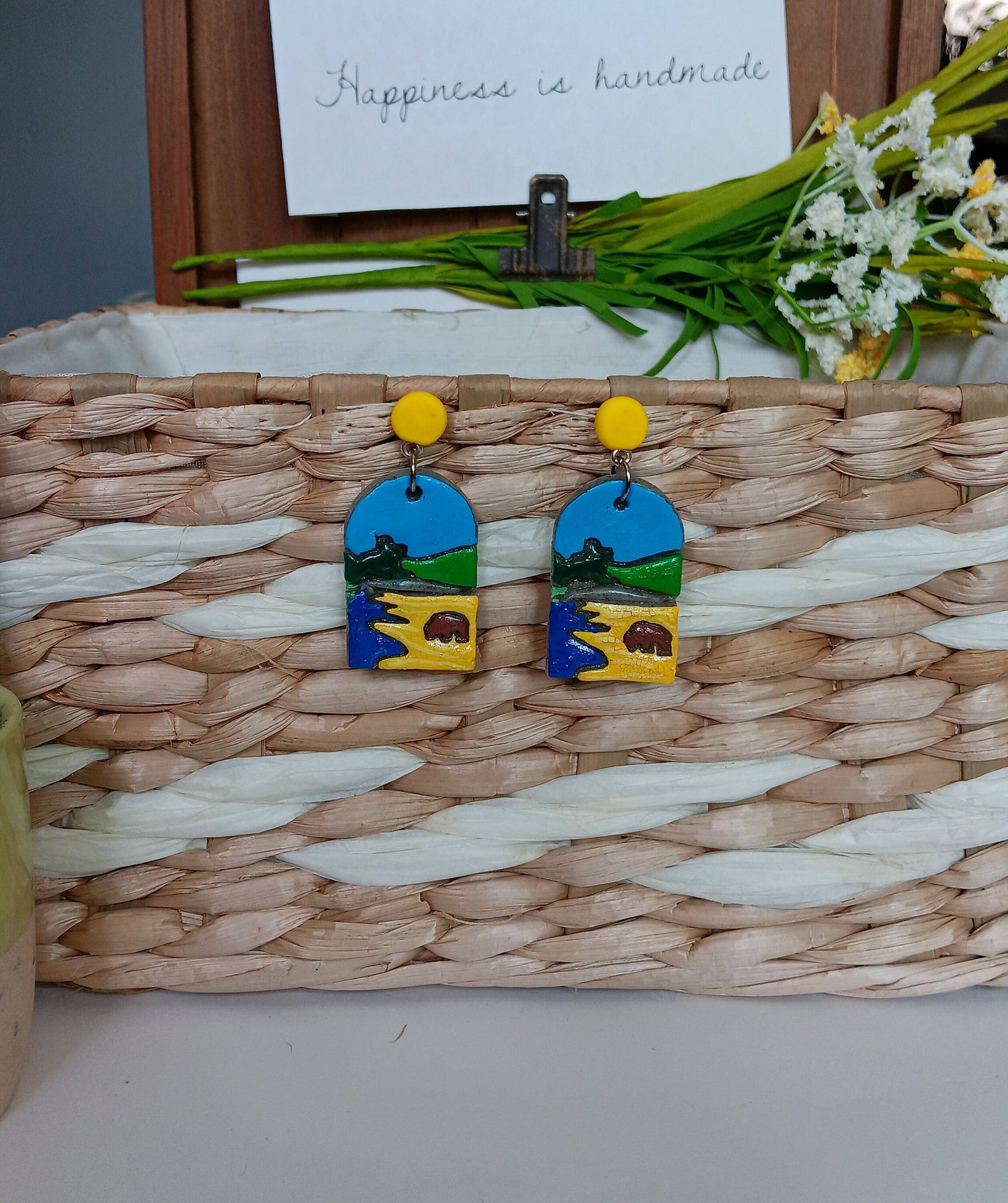 Kawaii buffalo earrings / polymer clay Yellowstone landscape dangle earrings / clay buffalo jewelry / landscape trees earrings