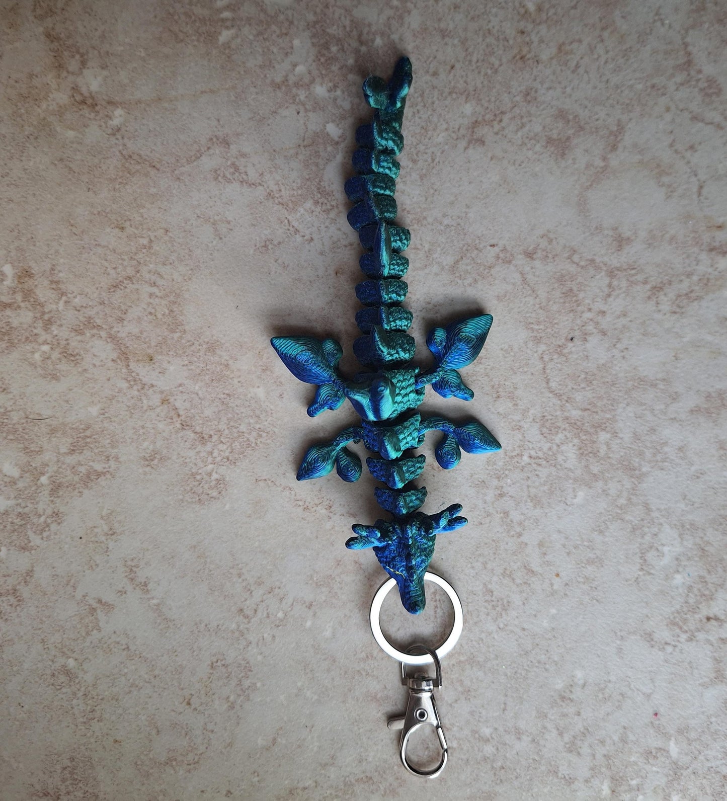 3D articulated blue green metallic leafy dragon keychain / 3d printed dragon 3d printed animals figurine knick knack Fidget keychain