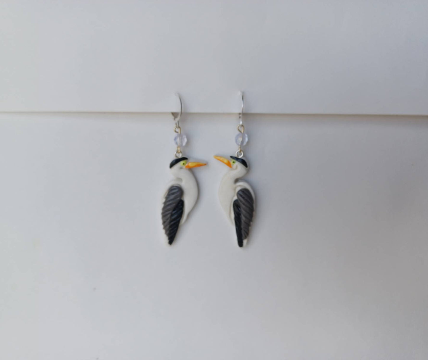Kawaii blue heron earrings / polymer clay blue heron crane dangle earrings / kawaii bird jewelry / clay bird jewelry