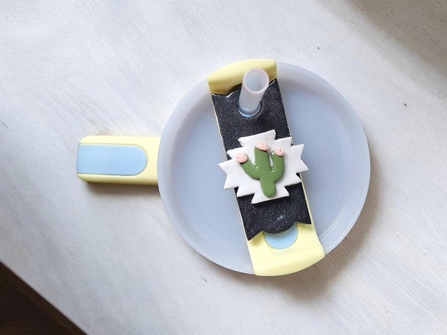 Polymer clay straw tag tumbler topper / clay tumbler accessories / plant lover tumbler topper straw tag / Aztec cactus tumbler accessories