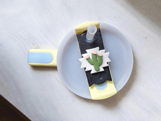 Polymer clay straw tag tumbler topper / clay tumbler accessories / plant lover tumbler topper straw tag / Aztec cactus tumbler accessories