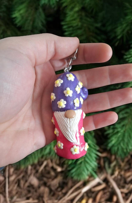 Polymer clay floral gnome keychain jar / cottage core purple pink daisy clay garden gnome keychain / functional keychain key chain gift