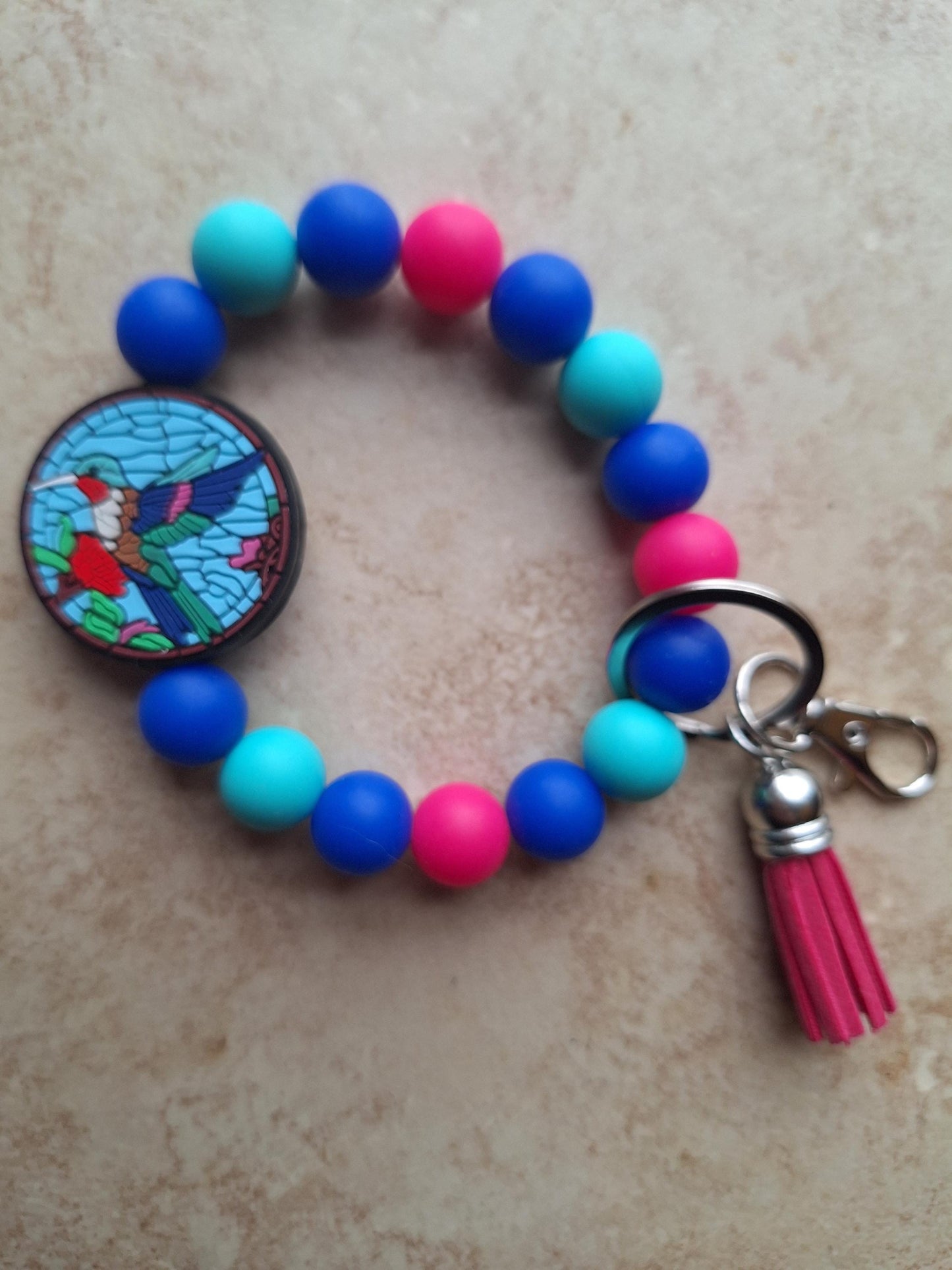 Silicone beaded wristlet keychain / pink teal hummingbird silicone beaded wristlet keychain / humming bird bag accessories key chain