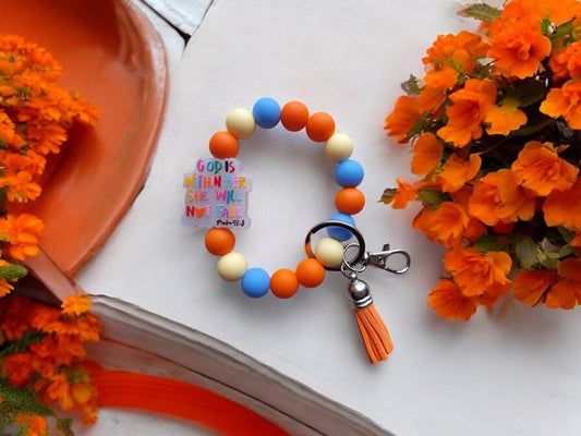 Silicone beaded wristlet keychain / God is within her silicone beaded wristlet keychain / religious faith bag accessories key chain