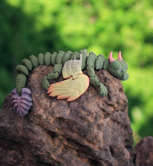 Large 3D printed articulated feather dragon / 3d printed green modular dragon animal / 3d animal figurine knick knack Fidget costume cosplay
