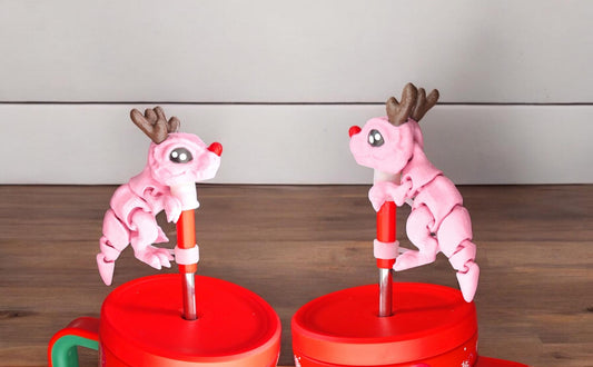 3D articulated cute festive santa tiny t-rex straw cap / 3d printed t rex animals / trex dinosaur dino topper cover Fidget figurines