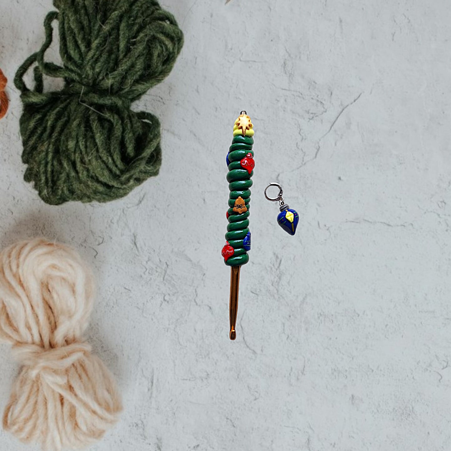 Polymer swirl tree Christmas holiday crochet hook with stitch marker