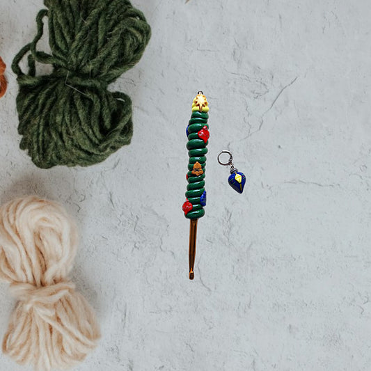 Polymer swirl tree Christmas holiday crochet hook with stitch marker