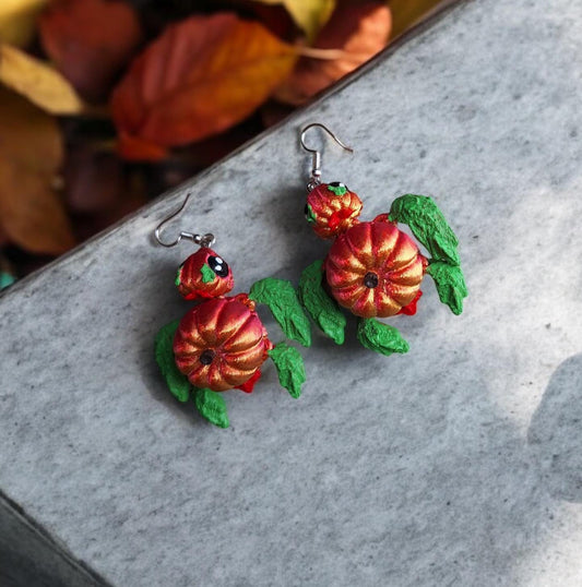 3D articulated red orange pumpkin turtle jewelry earrings charm / 3d printed turtle animal halloween fall pumpkin dangle earrings Fidget