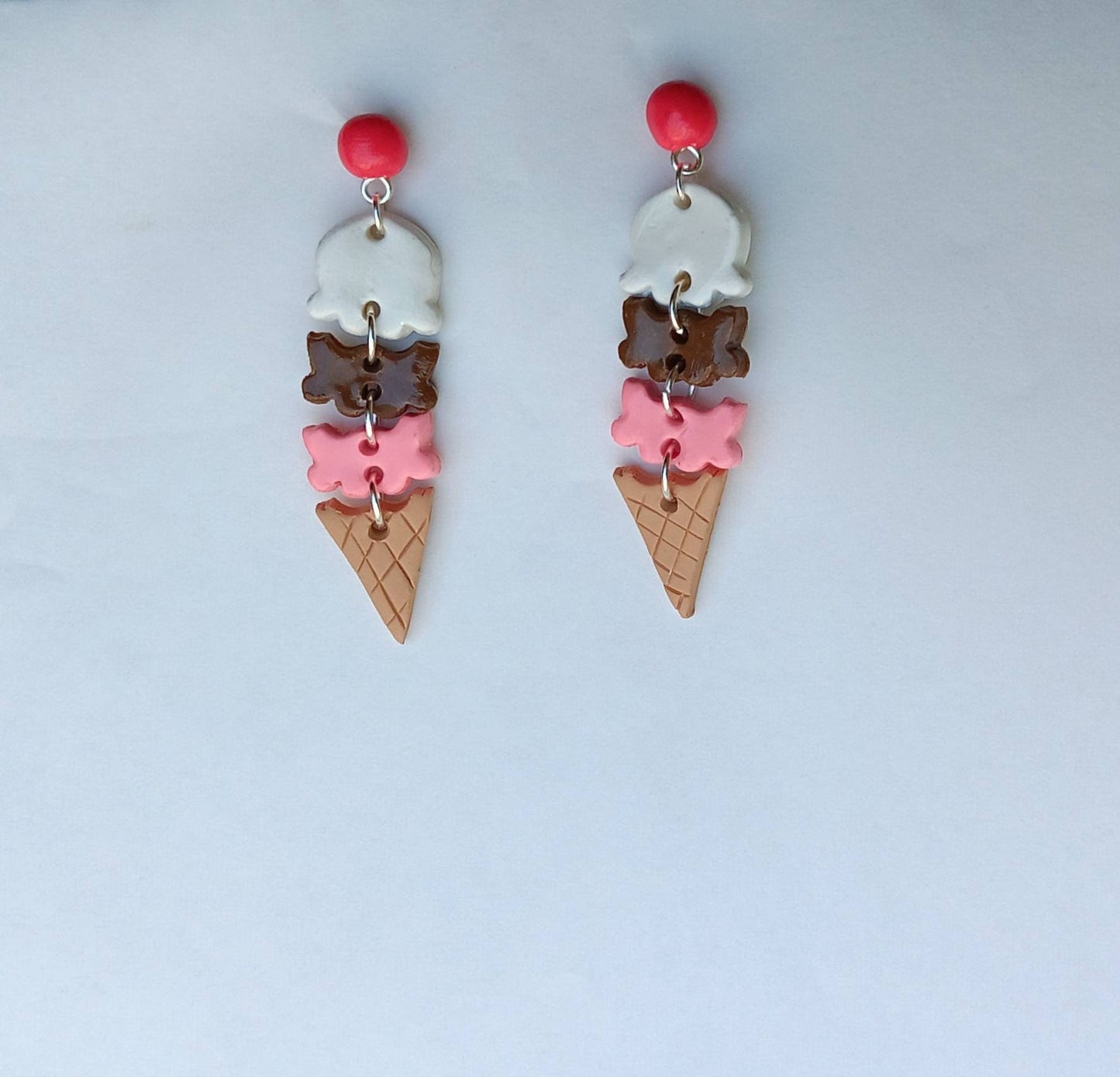 Kawaii ice cream scoop cone earrings / polymer clay ice cream dangle earrings / clay food jewelry / clay neopolitan ice cream earrings