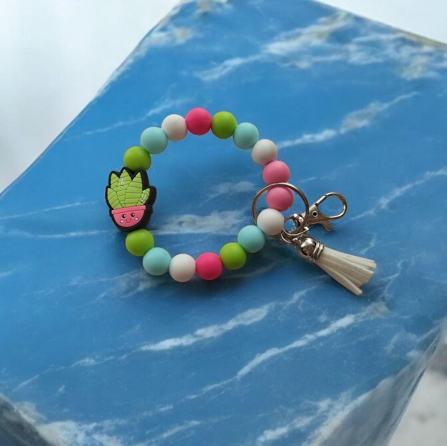 Silicone beaded wristlet keychain kawaii cute succulent plant silicone beaded wristlet keychain / green thumb bag accessories key chain