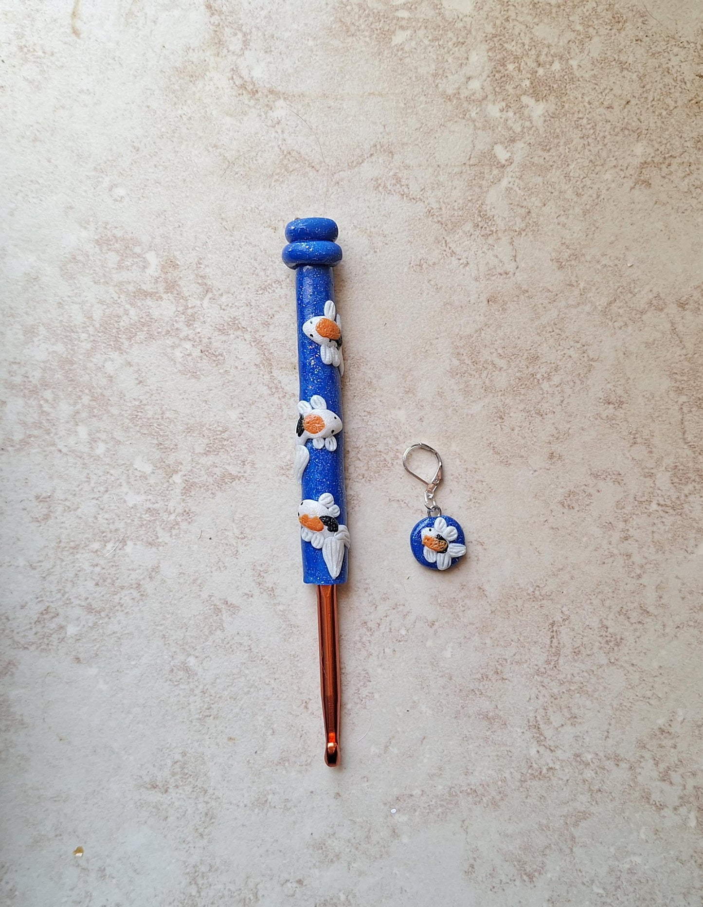 Polymer clay blue glitter koi fish scene crochet hook