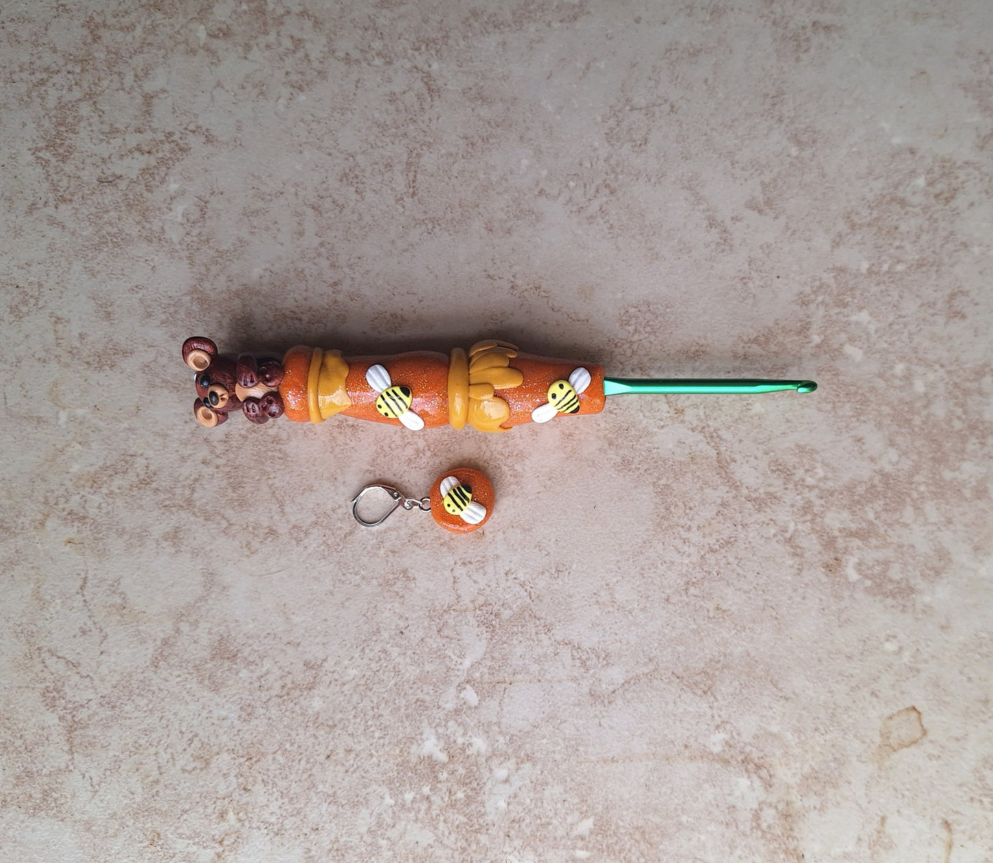 Polymer clay honey bee bear crochet hook with stitch marker
