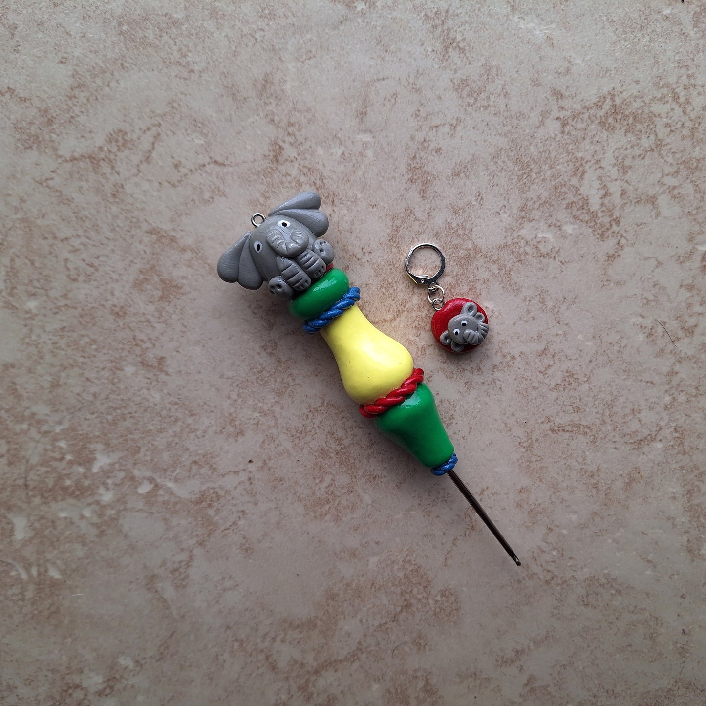 Polymer clay cute circus elephant color block crochet hook with stitch marker