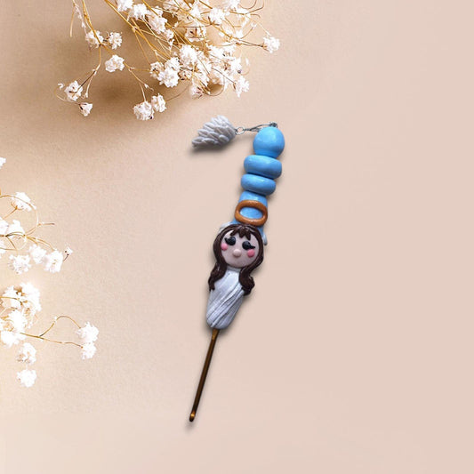 Polymer clay angel halo crochet hook with wing stitch marker