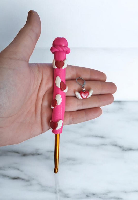 Polymer clay pink valentine heart wing crochet hook