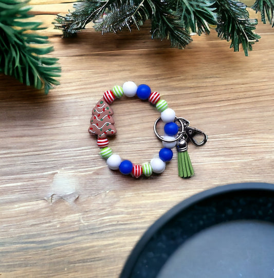 Silicone beaded wristlet keychain / winter christmas beaded wristlet tree keychain / Christmas tree cookie bag accessories key chain gift