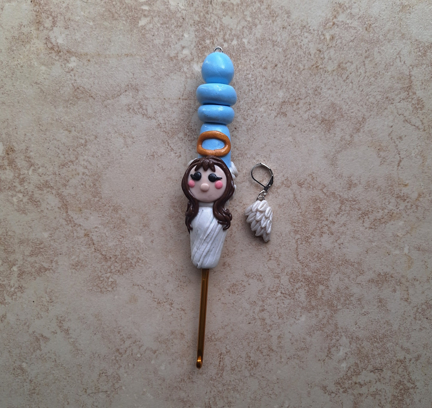 Polymer clay angel halo crochet hook with wing stitch marker