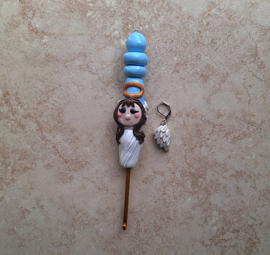 Polymer clay angel halo crochet hook with wing stitch marker