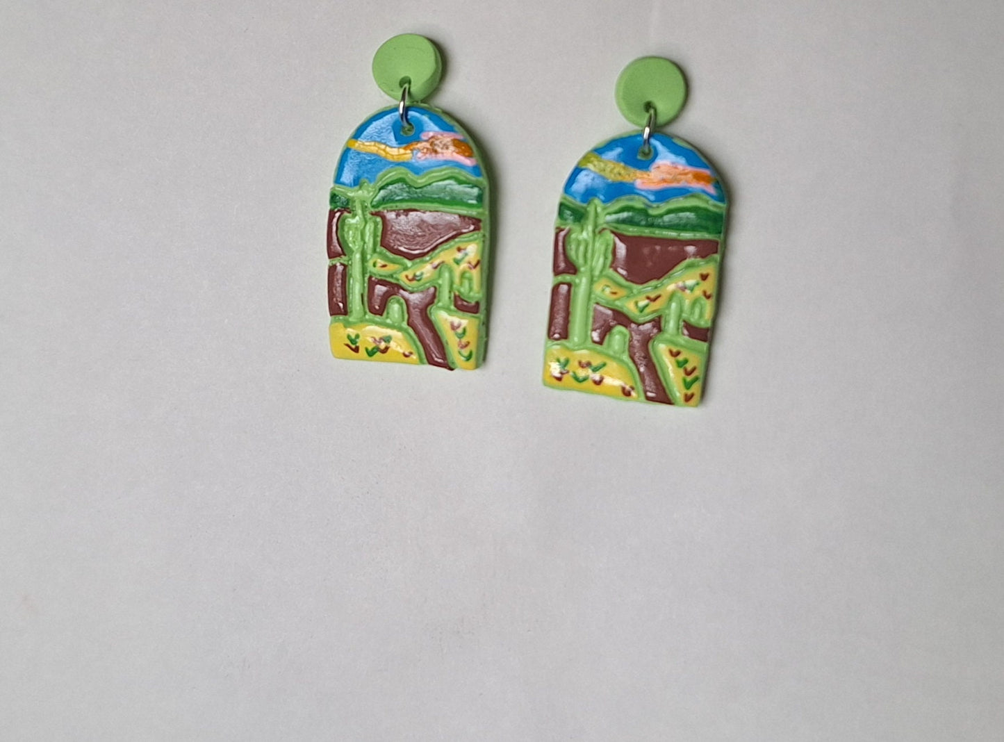 Kawaii scenery vacation spot earrings / polymer clay Saguaro landscape dangle earrings / clay national park jewelry trees earrings