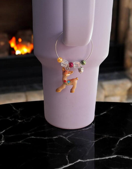 kawaii faux pearl autumn deer straw charm tumbler accessories / tumbler handle charm buddy / floral fall deer acorn cup handle charm