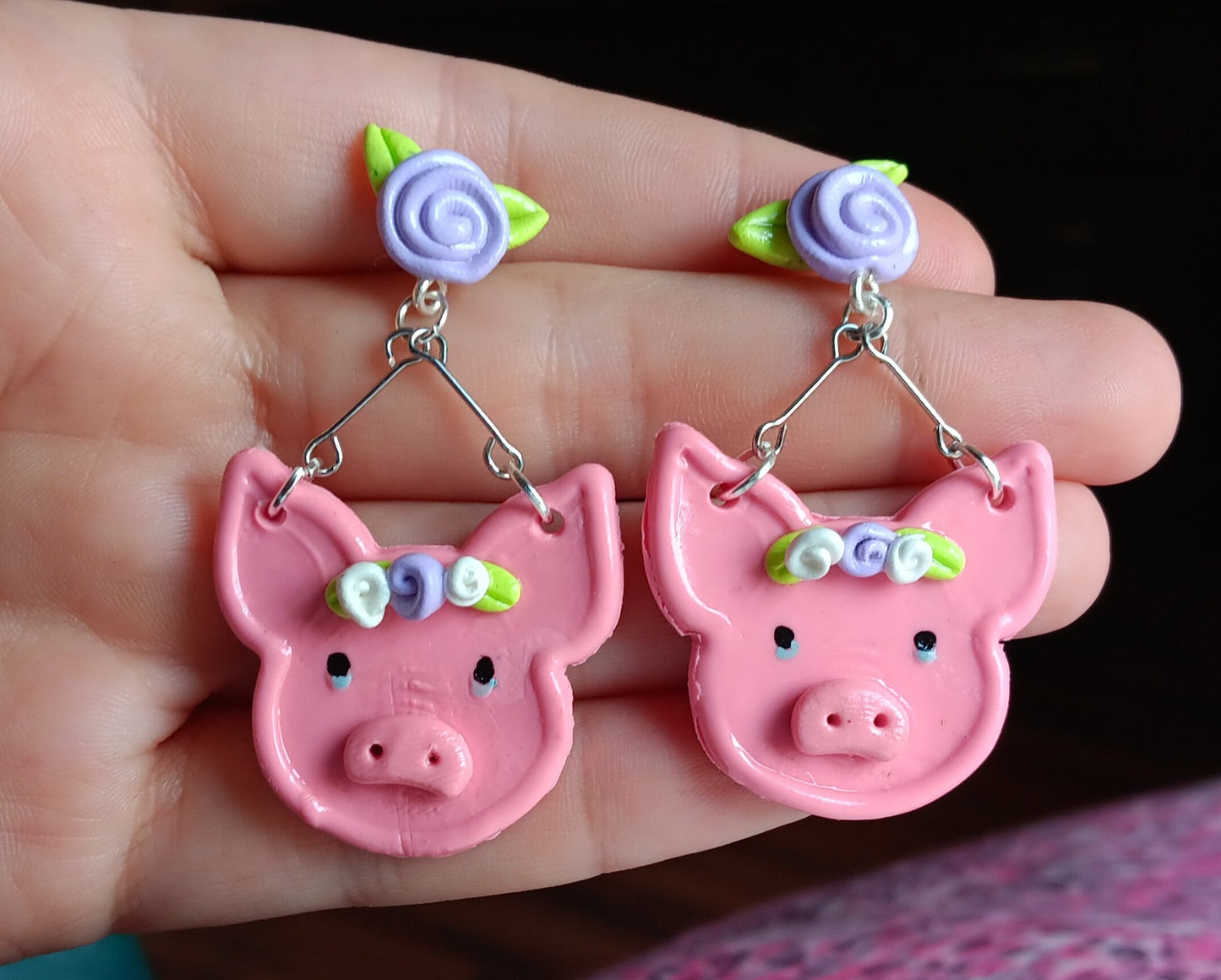 Kawaii floral pig earrings / polymer clay pink pig earrings / kawaii animal jewelry / floral earrings / lavender rose earrings