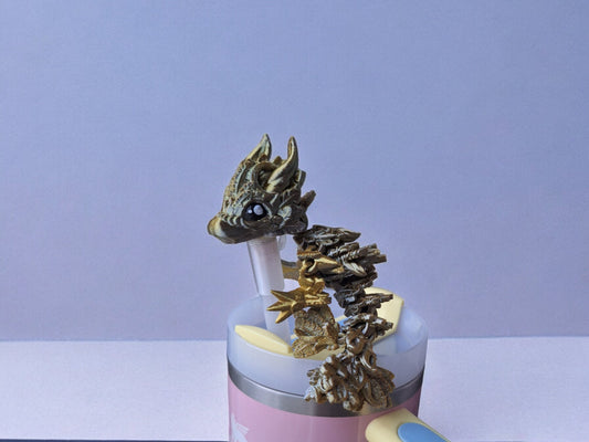 3D articulated metallic lunarwing dragon straw cap / 3d printed dragon animals / silver gold lunar tadling straw topper cover Fidget