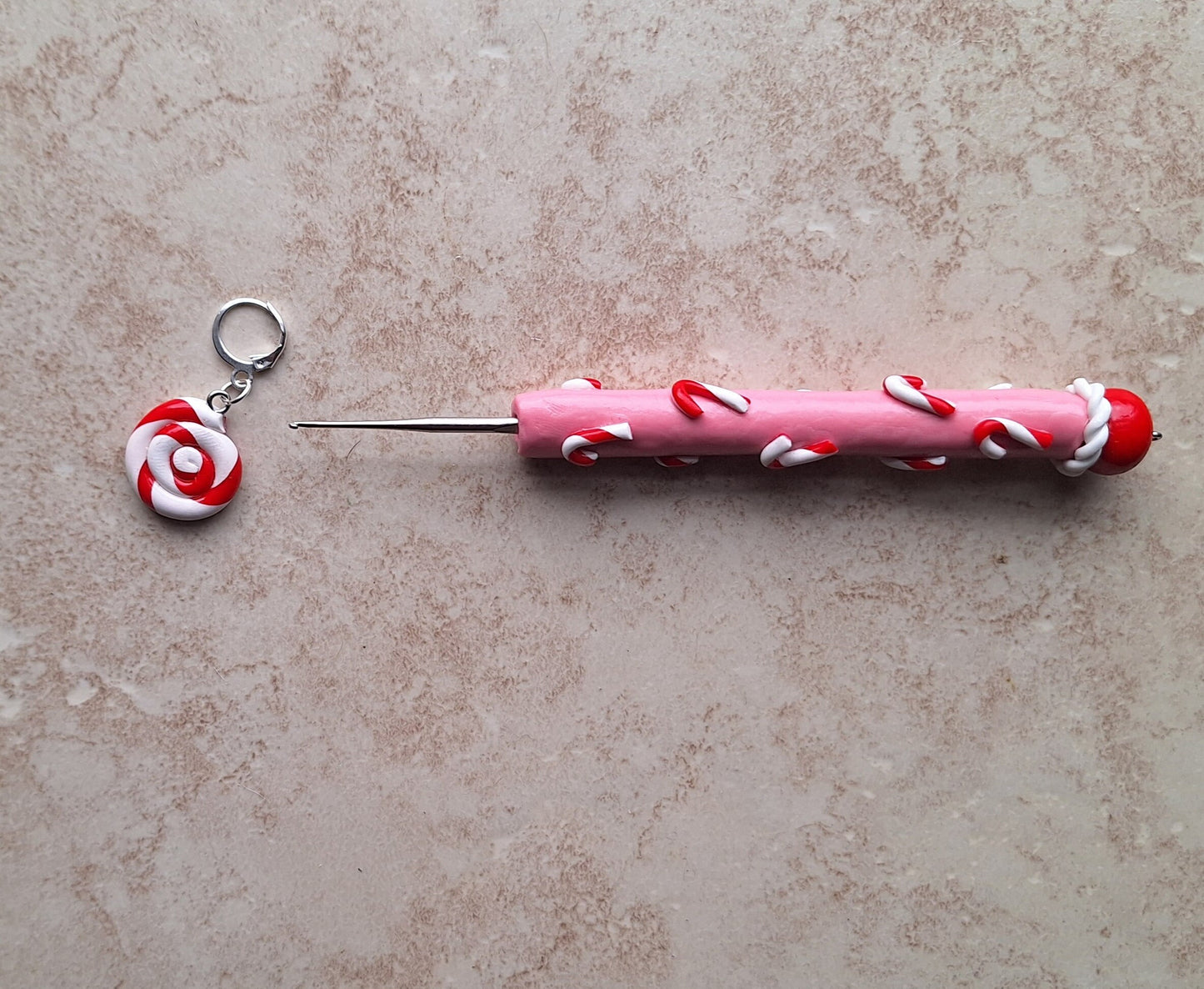 Polymer pink peppermint candy Christmas holiday crochet hook
