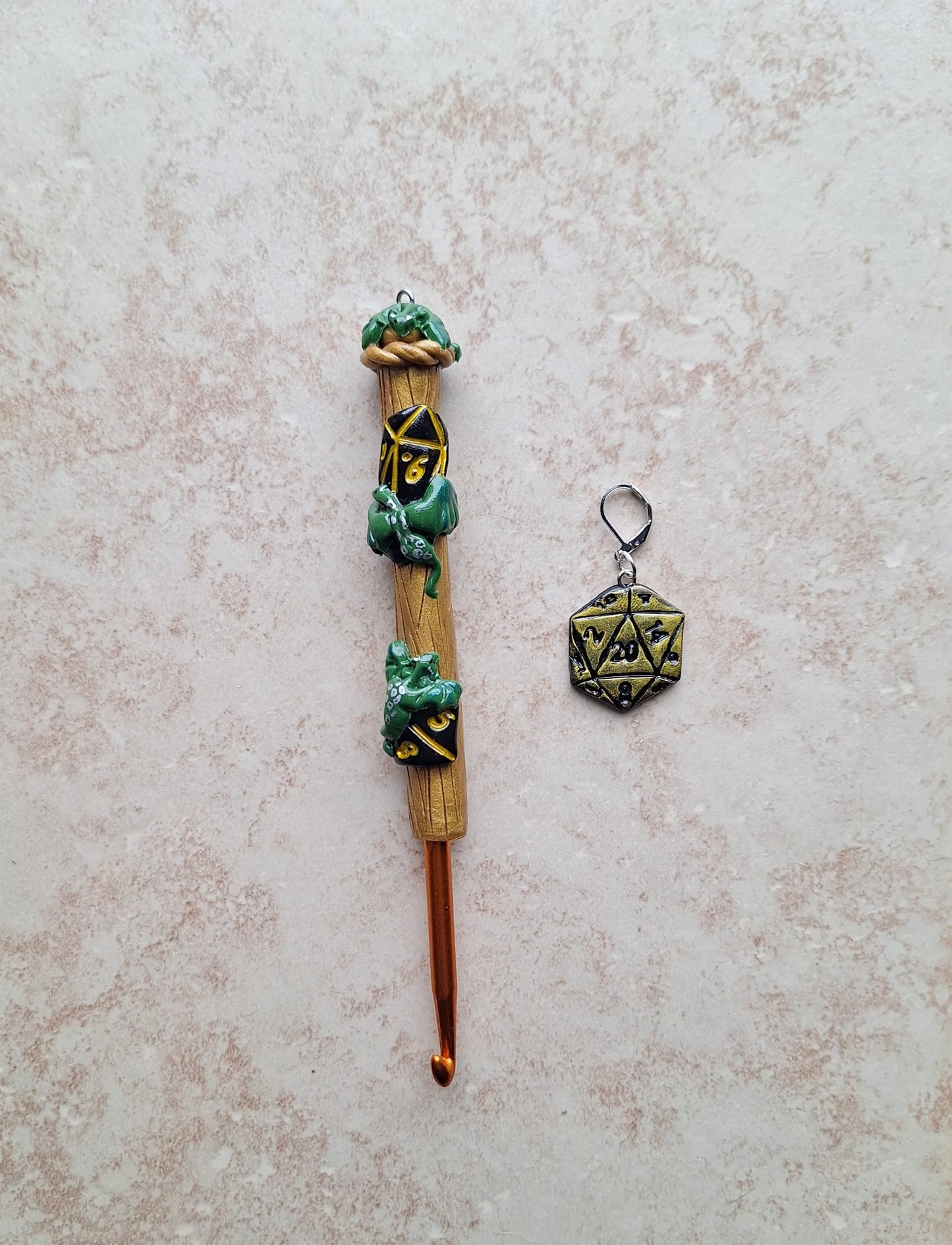 Polymer clay gold black dice d20 dragon crochet hook