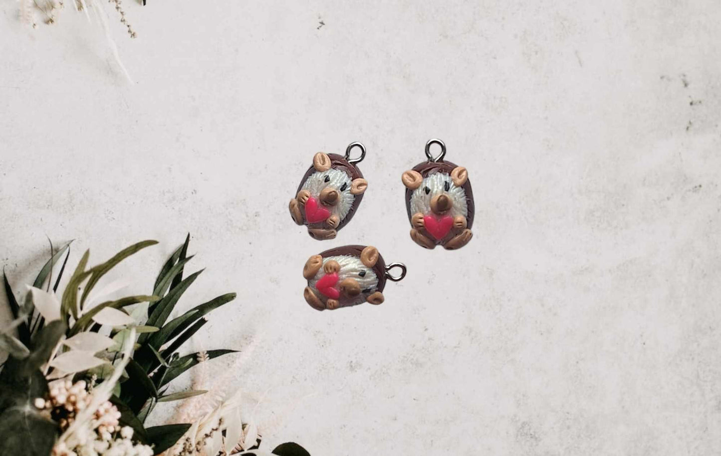 Kawaii clay heart hedgehog charms / polymer clay hedge hog pet charms / kawaii animal charms / porcupine jewelry charm stitch marker