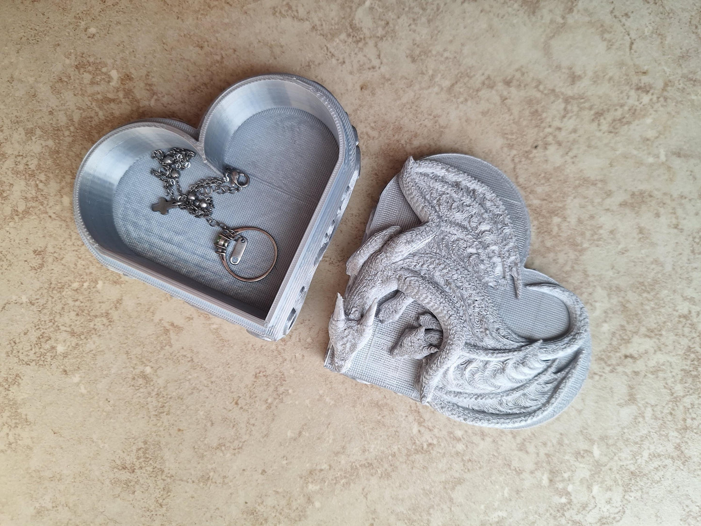 3D printed metallic silver dragon heart box / 3d dragon trinket jewelry box / 3d printed dragon knick knack organizer box