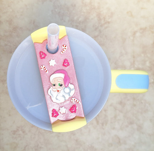 Polymer clay straw tag for stanley tumbler topper tumbler accessory / Christmas pink santa tumbler topper tag / holiday tumbler accessories