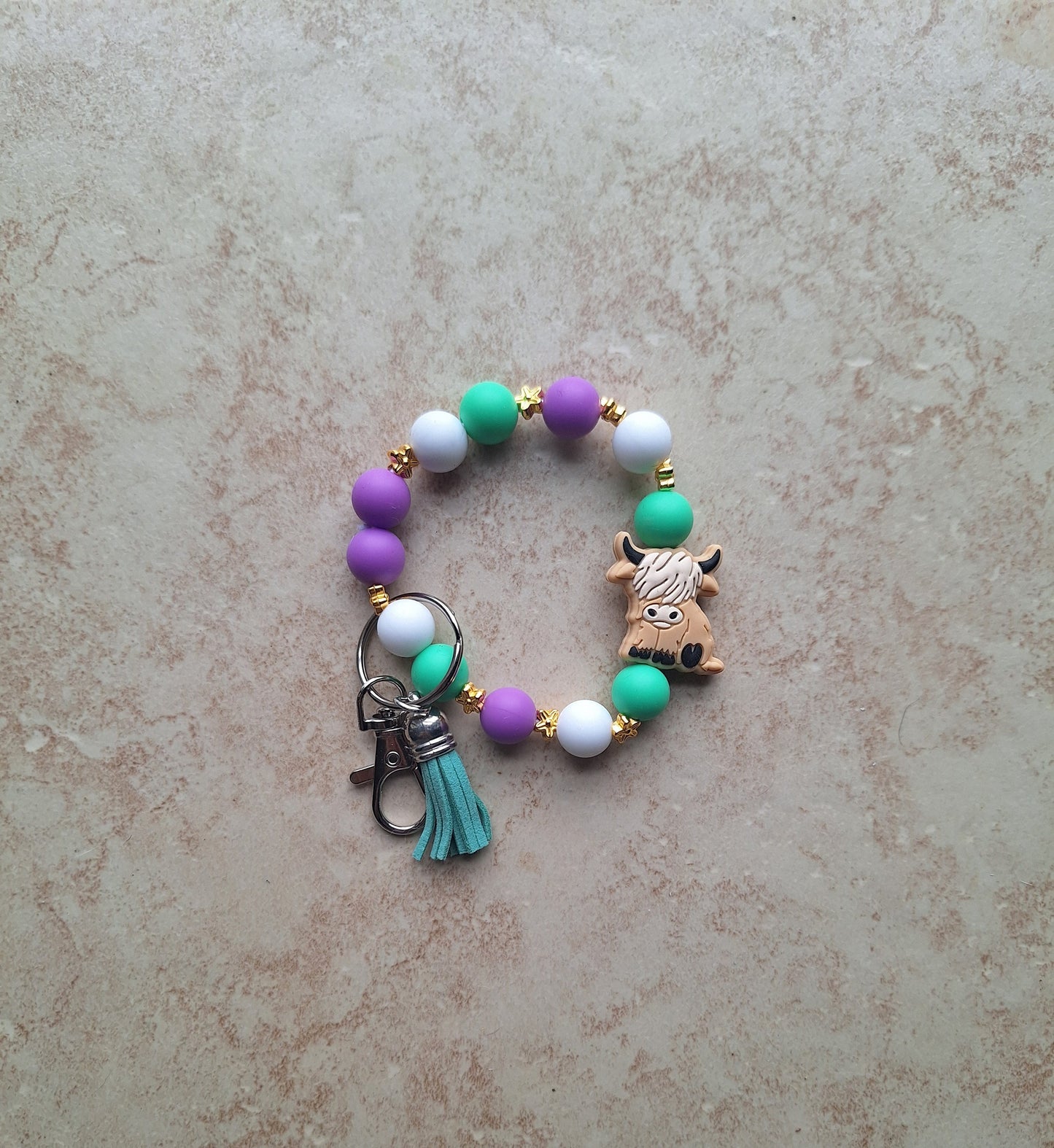 Silicone beaded wristlet keychain / tan brown highland cow silicone beaded wristlet keychain / purple teal cow bag accessory key chain gift